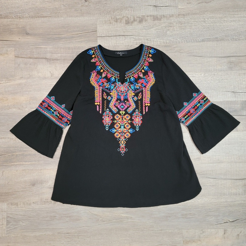 Calesaa Womens 1X Black Embroidered Boho Tunic Top Bell Sleeve Rayon Lace Back